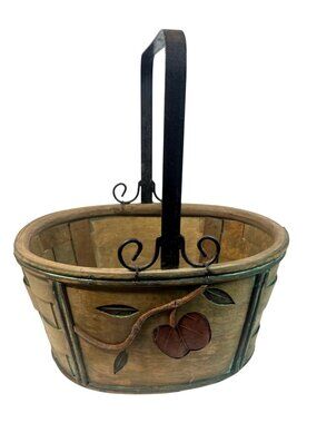 Vintage Wooden Basket With Metal Handle & Carved Apple Design